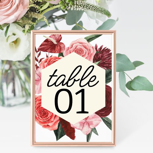 Burgundy Fall Floral Wedding Table Number