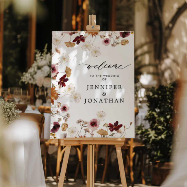 Burgundy Fall Floral Wedding Welcome Sign

