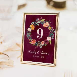 Burgundy Fall Floral Wreath Table Number Card