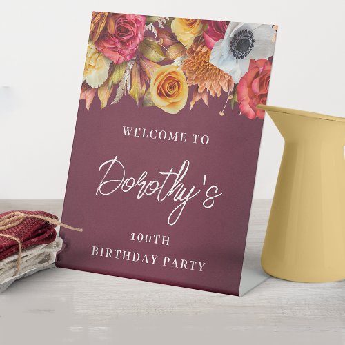Burgundy Fall Flowers 100th Birthday Party Welcome Pedestal Sign