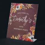 Burgundy Fall Flowers 18th Birthday Party Welcome Pedestal Sign<br><div class="desc">Beautiful fall flowers decorate two corners of this birthday party welcome sign. Red roses,  terracotta flowers and white peonies blend with deep green leaves and foliage. The flowers and white modern script pop against the burgundy red background. This item is part of the Burgundy Fall Flowers collection.</div>