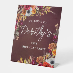 Burgundy Fall Flowers 21st Birthday Party Welcome Pedestal Sign