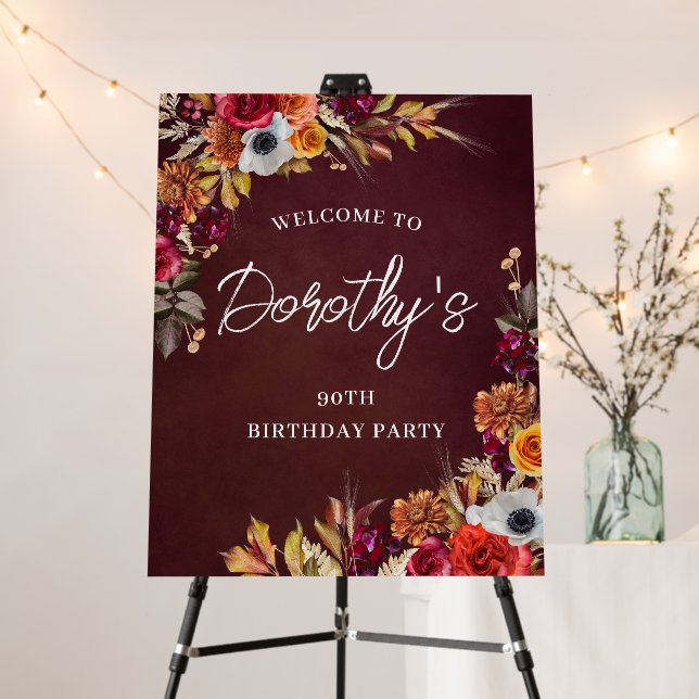 Burgundy Fall Flowers 90th Birthday Party Welcome Foam Board (In Situ (Stand))