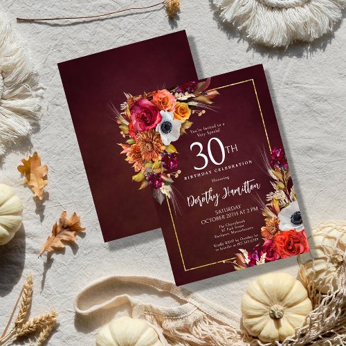 Burgundy Fall Flowers Elegant Script 30th Birthday Invitation