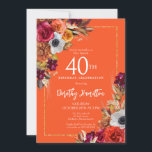 Burgundy Fall Flowers Elegant Script 40th Birthday Invitation<br><div class="desc">Beautiful fall flowers decorate two corners of a gold frame. Red roses,  terracotta flowers and white peonies blend with green leaves and foliage. The flowers and white modern script pop against the burgundy red background. This item is part of the Burgundy Fall Flowers collection.</div>