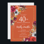 Burgundy Fall Flowers Elegant Script 40th Birthday Invitation<br><div class="desc">Beautiful fall flowers decorate two corners of a gold frame. Red roses,  terracotta flowers and white peonies blend with green leaves and foliage. The flowers and white modern script pop against the burgundy red background. This item is part of the Burgundy Fall Flowers collection.</div>