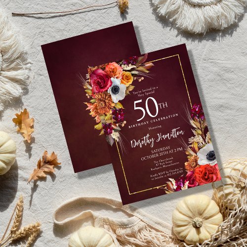 Burgundy Fall Flowers Elegant Script 50th Birthday Invitation