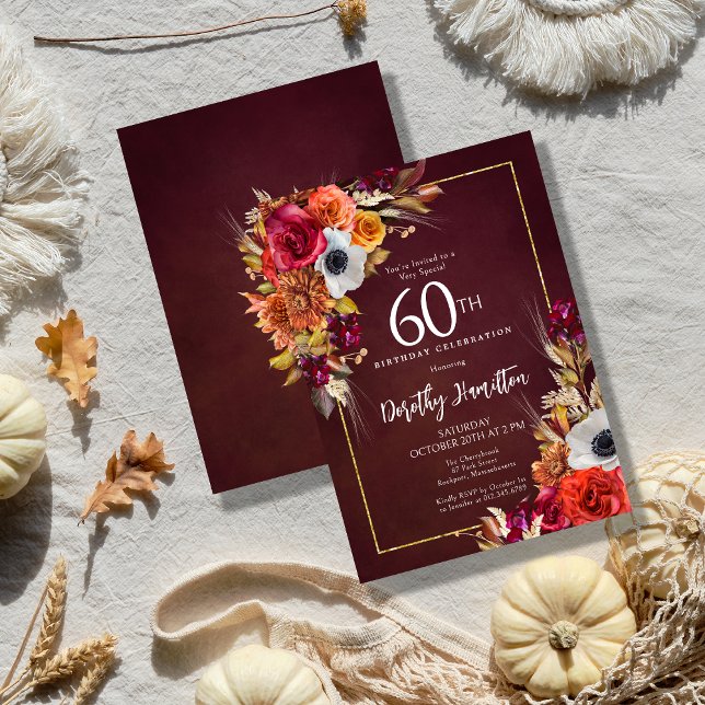 Burgundy Fall Flowers Elegant Script 60th Birthday Invitation (Creator Uploaded)