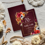 Burgundy Fall Flowers Elegant Script 70th Birthday Invitation<br><div class="desc">Beautiful fall flowers decorate two corners of a gold frame. Red roses,  terracotta flowers and white peonies blend with green leaves and foliage. The flowers and white modern script pop against the burgundy red background. This item is part of the Burgundy Fall Flowers collection.</div>