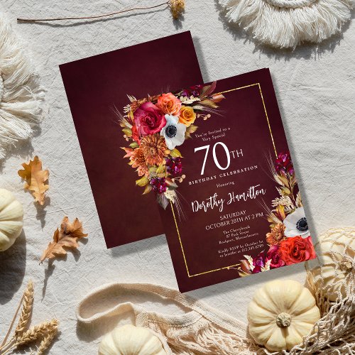Burgundy Fall Flowers Elegant Script 70th Birthday Invitation