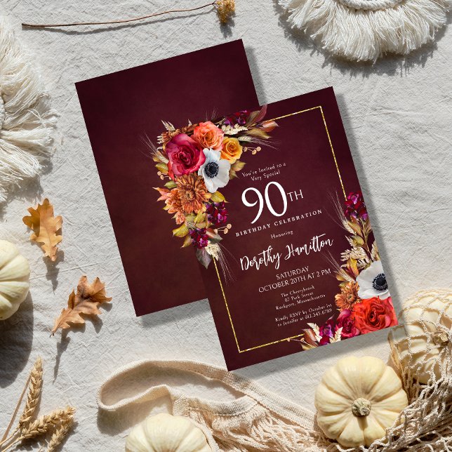 Burgundy Fall Flowers Elegant Script 90th Birthday Invitation (Creator Uploaded)