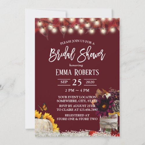 Burgundy Fall Flowers Leaves Pumpkin Bridal Shower Invitation