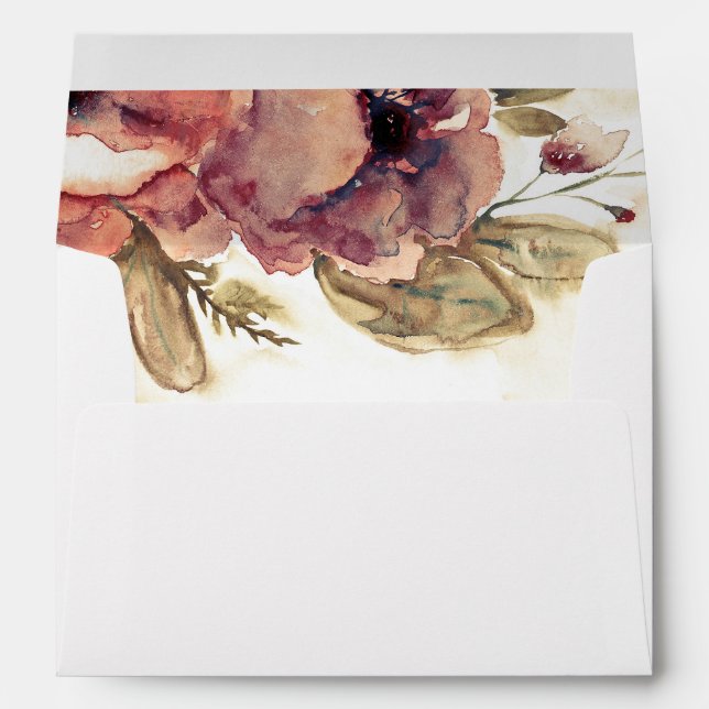 Burgundy Fall Flowers Watercolor Wedding Envelope (Back (Bottom))