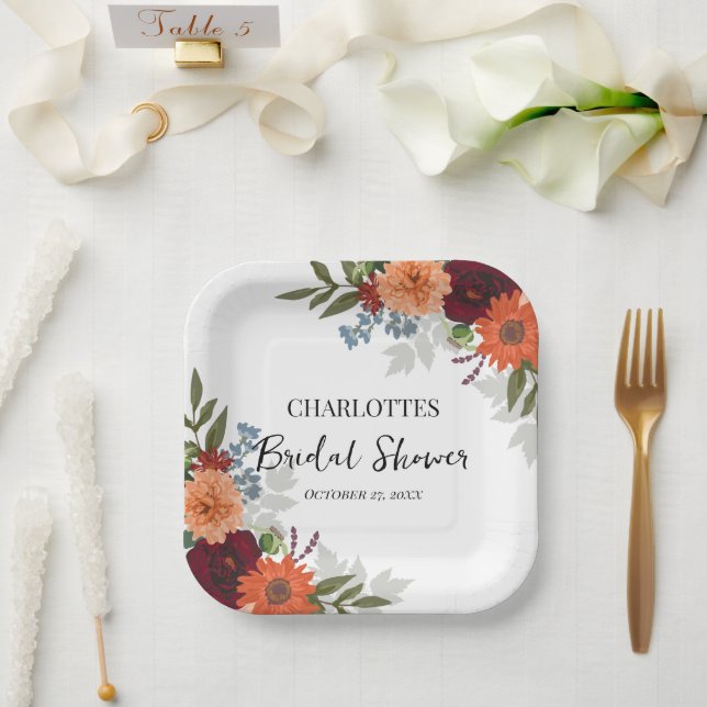 Burgundy Fall Garden Floral Bridal Shower  Paper Plates (Wedding)