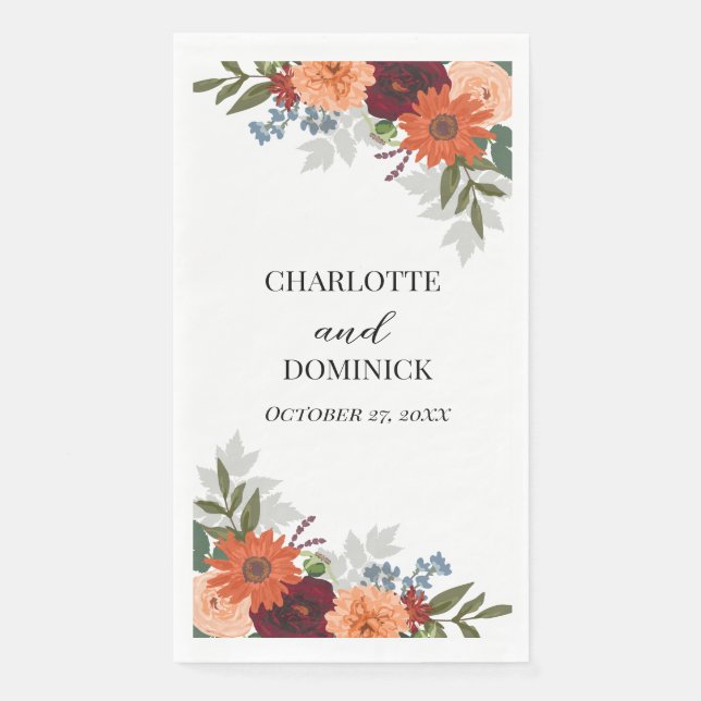  Burgundy Fall Garden Floral Wedding      Paper Guest Towels (Front)