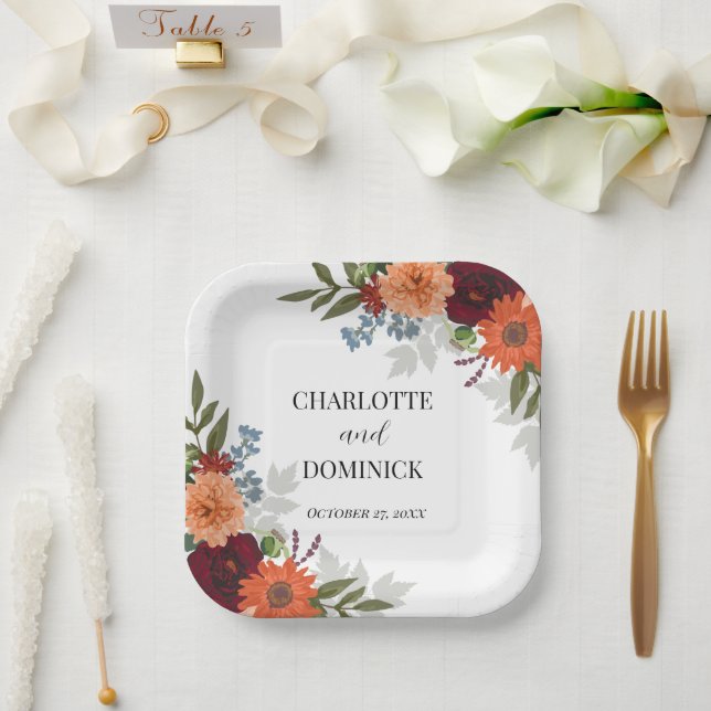 Burgundy Fall Garden Floral Wedding Paper Plates (Wedding)