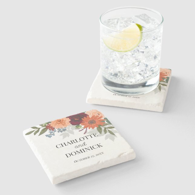  Burgundy Fall Garden Floral Wedding       Stone Coaster (Side)