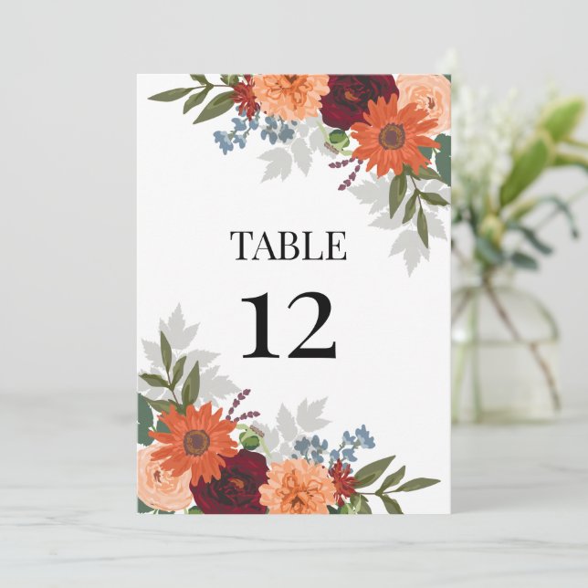 Burgundy Fall Garden Floral Wedding Table Number (Standing Front)