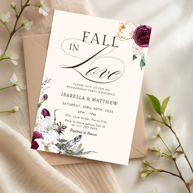 Burgundy Fall in Love Autumn Engagement Party Invitation (Burgundy Fall in Love Autumn Engagement Party Invitation)