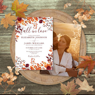Burgundy Fall In Love Autumn Floral Photo Wedding Invitation