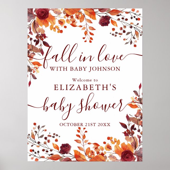 Burgundy Fall In Love Baby Shower Welcome Sign (Front)