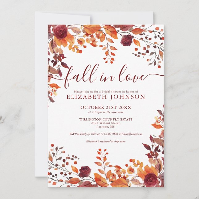 Burgundy Fall In Love Photo QR Code Bridal Shower  Invitation (Front)