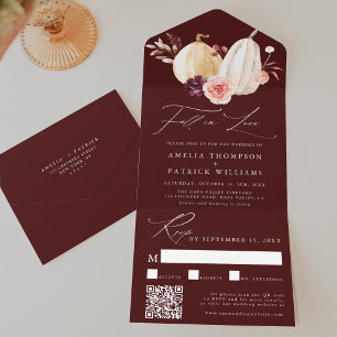 Burgundy Fall in Love Pumpkin Autumn Wedding All In One Invitation