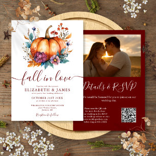 Burgundy Fall In Love Pumpkin Photo QR Wedding Invitation