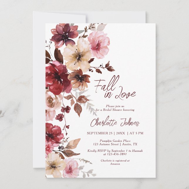 Burgundy Fall in Love Wine Red Blush Bridal Shower Invitation (Front)