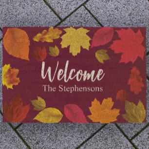 Burgundy fall leaves custom family name welcome fiber doormat