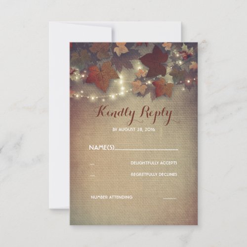 Burgundy Fall Leaves Rustic Wedding RSVP Cards - Burgundy maple leaves and string lights rustic burlap wedding reply cards