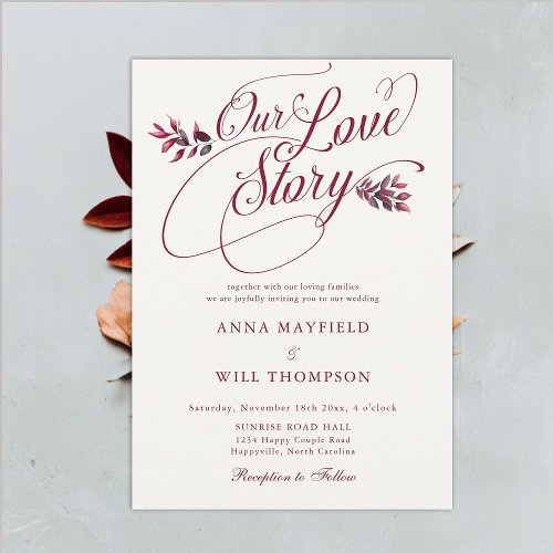 Burgundy Fall Love Story Romantic Elegant Wedding Invitation