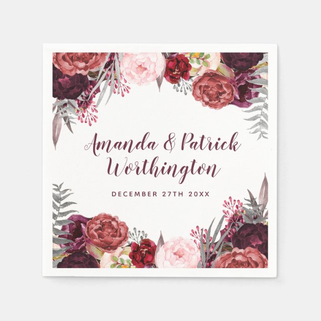 Burgundy Fall Marsala Blush Peony Wedding Napkins (Front)