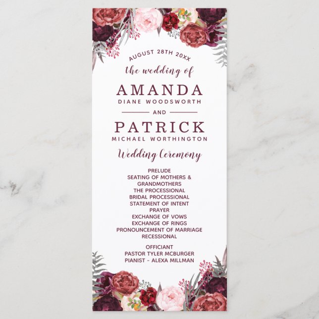 Burgundy Fall Marsala Blush Peony Wedding Programs (Front)