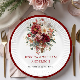 Burgundy Fall Marsala Wedding Paper Plates Design