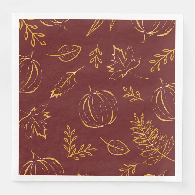 Burgundy Fall Pumpkins & Leaves Thanksgiving Paper Dinner Napkins (Front)