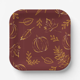 Burgundy Fall Pumpkins & Leaves Thanksgiving Paper Plates