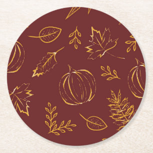 Burgundy Fall Pumpkins & Leaves Thanksgiving Round Paper Coaster