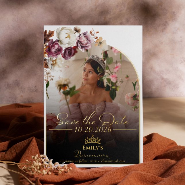 Burgundy Fall Quinceanera Photo Save The Date Real Foil Invitation (Creator Uploaded)