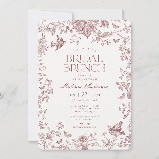 Burgundy Fall Toile De Jouy Floral Bridal Brunch Invitation (Front)