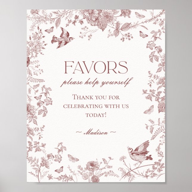 Burgundy Fall Toile De Jouy Floral Favors Sign (Front)