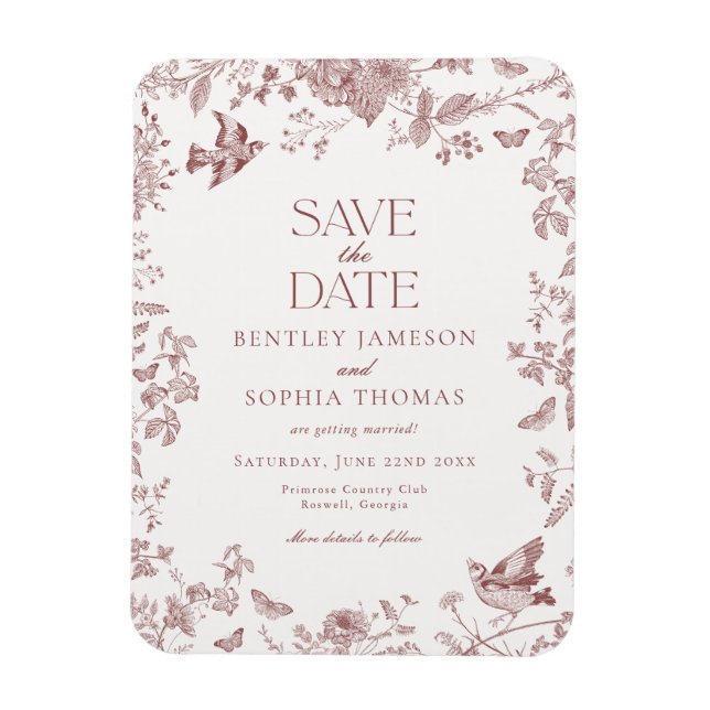 Burgundy Fall Toile De Jouy Floral Save the Date Magnet (Vertical)