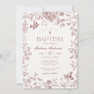 Burgundy Fall Toile De Jouy Vintage Floral Baptism Invitation