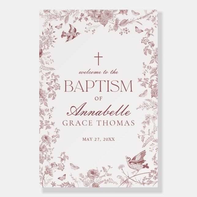 Burgundy Fall Toile Floral Baptism Welcome Sign (Front)