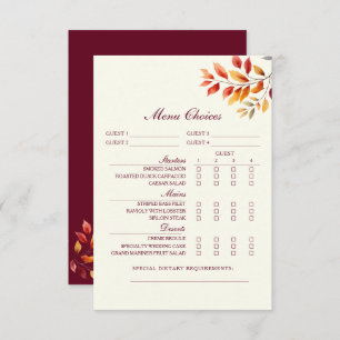 Burgundy Fall Wedding Menu Choice Card