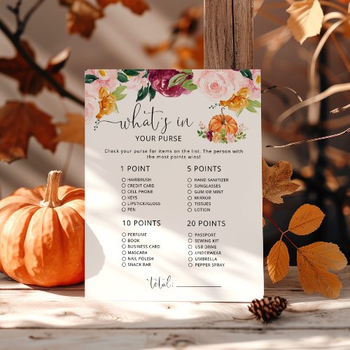 Burgundy fall whats in your purse baby shower game