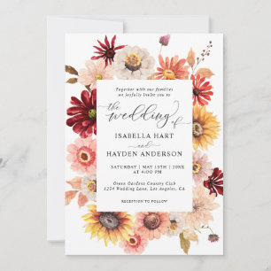 Burgundy Fall Wild Floral Sunflowers Wedding Invitation