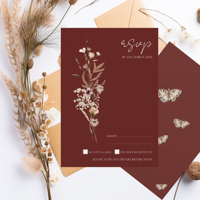 Burgundy Fall Wildflower Wedding RSVP Card (Creator Uploaded)