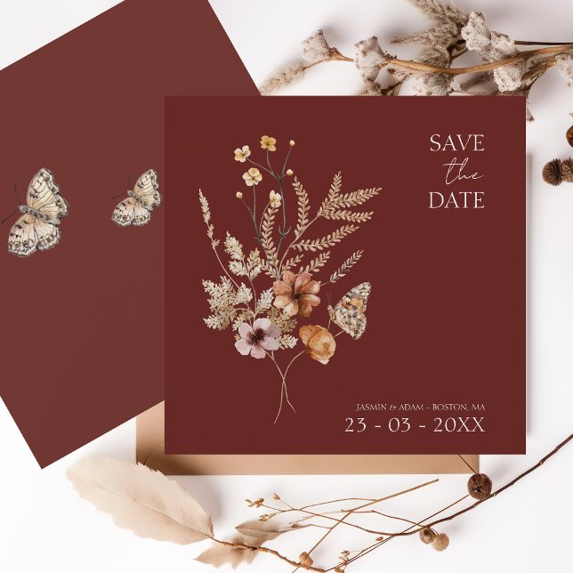 Burgundy Fall Wildflower Wedding Save the Date (Creator Uploaded)