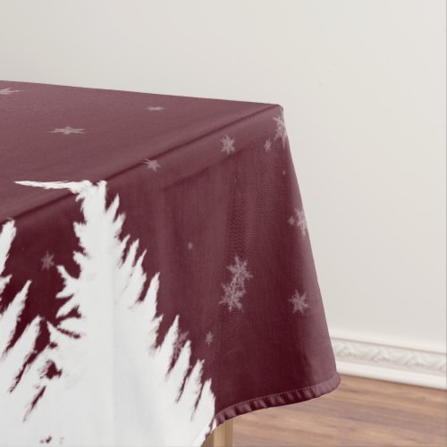Burgundy Falling Snow Winter Trees Holiday Party Tablecloth